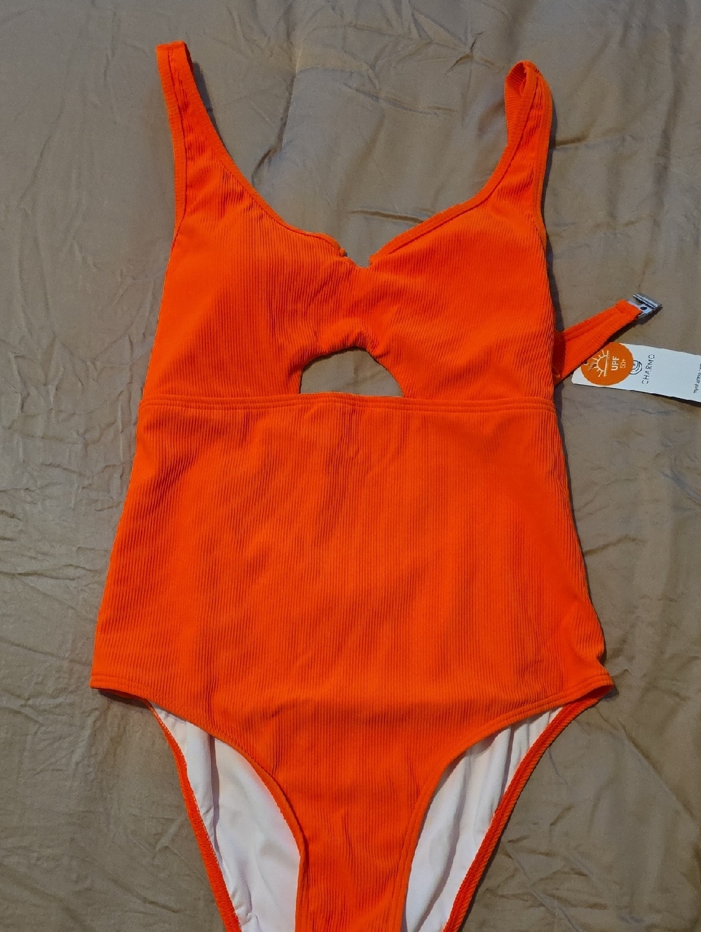 Bright Orange Ribbed One-Piece Swimsuit with Front Cutout